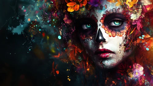 Surreal sugar skull portrait with luminous floral blaze.