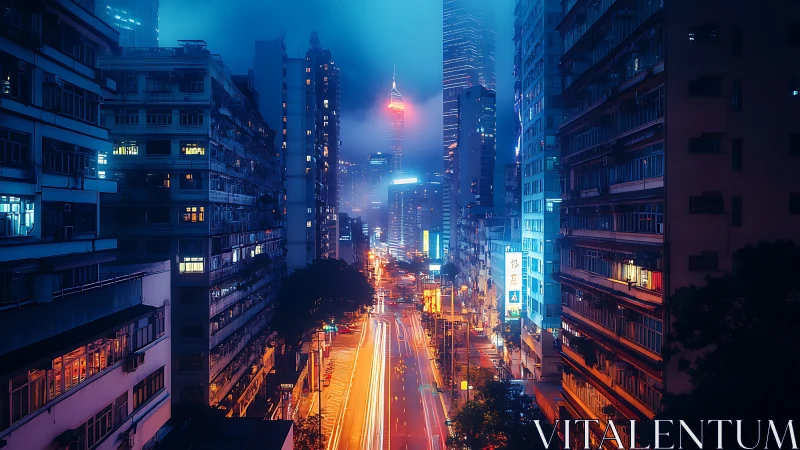 Neon-lit city avenue glows through misty high-rise canyon at night