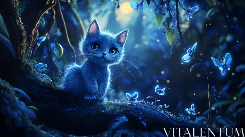 Luminescent Feline in Enchanted Forest Ecosystem with Bioluminescent Flora