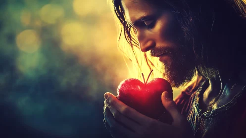 Contemplative man holding glowing red apple in warm light.