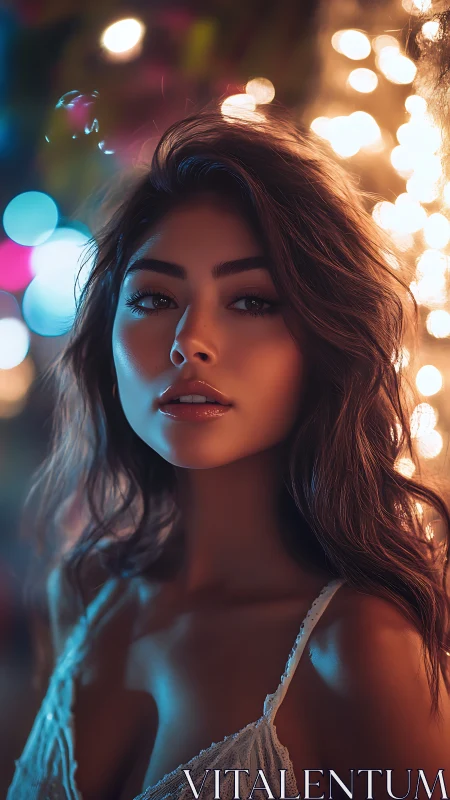 Cinematic bokeh portrait under warm night lights.
