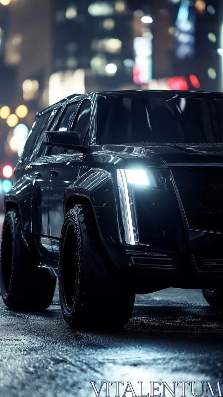 Nocturnal urban SUV render with angular LED headlamp array.