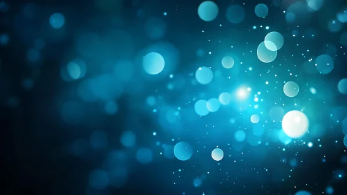 Abstract blue bokeh lights background with glowing circles, digital art.