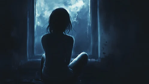 Silhouetted girl sits at moonlit window in quiet night