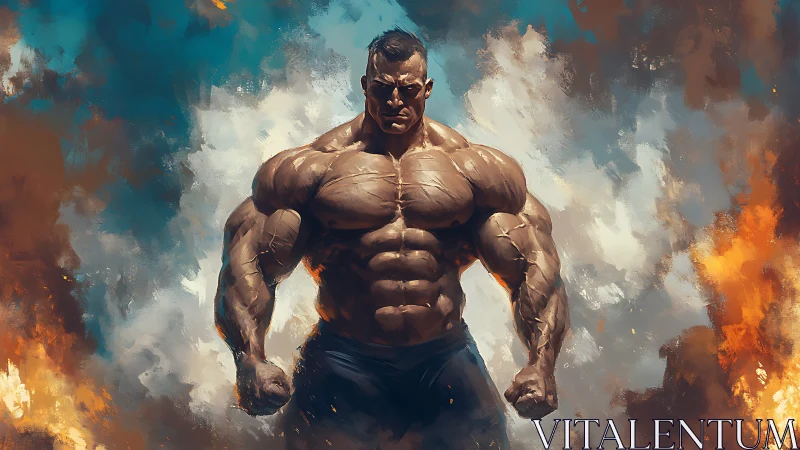 Powerful warrior stands strong in a storm of fiery color.