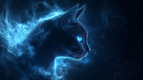 Luminescent Blue Cat with Ethereal Electric Energy Aura