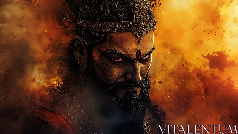 Fierce warrior king emerges from blazing golden storm