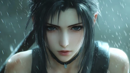 Focused anime warrior girl in rain with intense gaze.