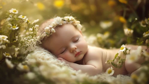 Sleeping Infant Among Daisies in Garden Sunlight.
