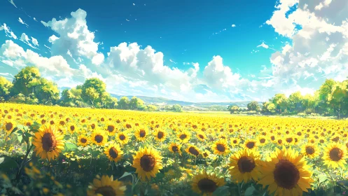 Panoramic digital vista of sunlit sunflower agriscape field.