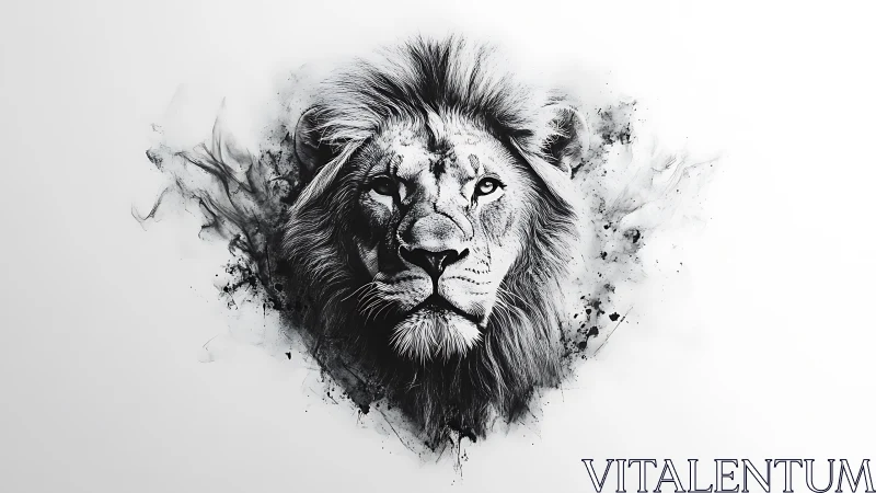 Monochrome lion portrait in dynamic ink-splatter composition.