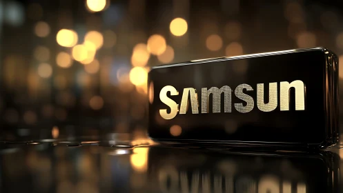 High-gloss Samsung logo block with golden bokeh reflections