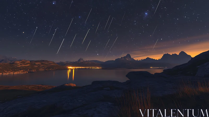 Starshowers stitch bright chords across the mountain dusk