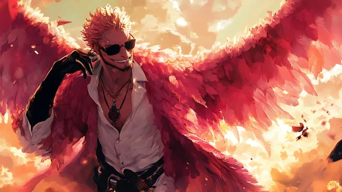 Crimson-winged trickster basking in wildfire evening skies.