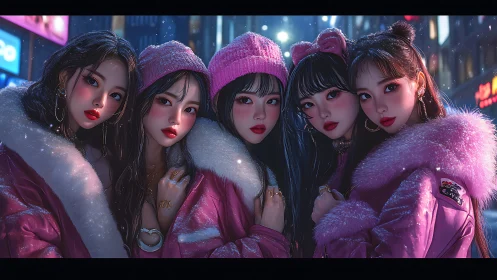 Snowy city glow with five friends in pink coats.