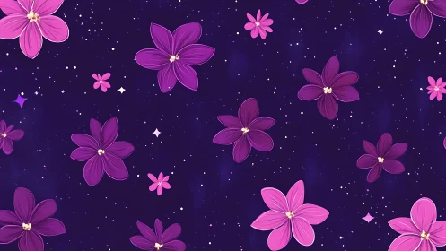 Floral composition with pink and purple flowers against dark starry background.