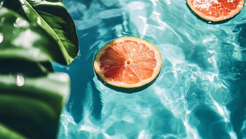 Photographic study of citrus slices drifting on pool water.