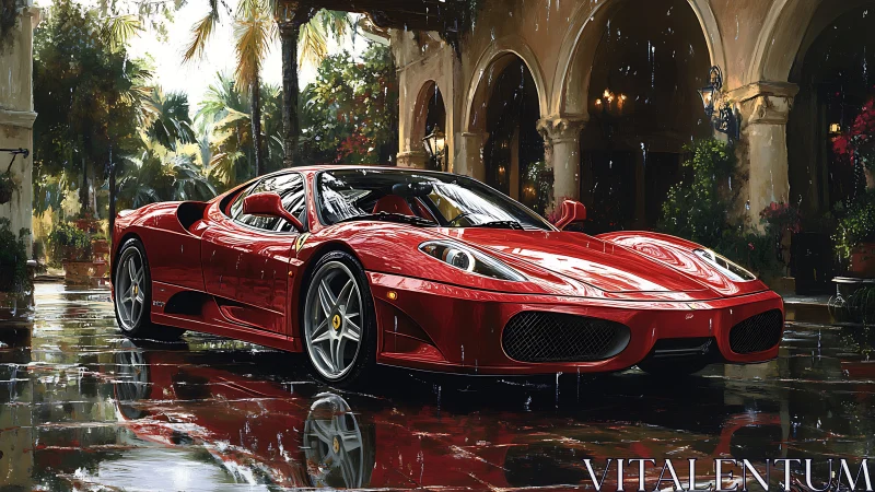 Red mid‑engine sports car in rainy courtyard setting.
