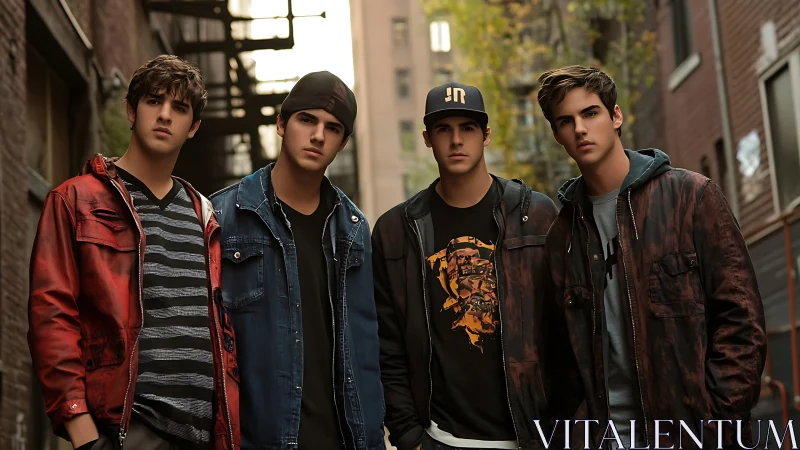 Urban alley portrait of four young men in layered streetwear