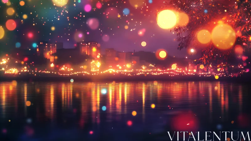 Glowing riverside city lights sparkle gently across the water