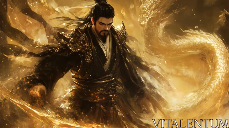 Imperial warlord commands golden dragon in swirling light.