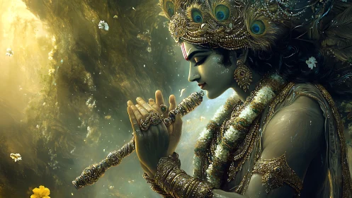 Ornate deity figure playing flute in luminous forest scene.