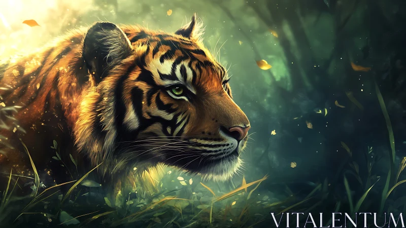 Side-profile digital rendering shows tiger in dense forest light