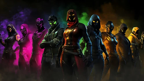 Hooded neon warriors stand aligned in multicolored smoke