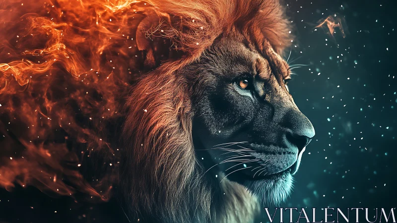 Fire crowned lion portrait in glowing embers and sparks.
