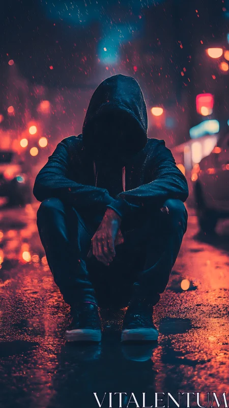 Hooded figure crouches in neon‑lit rain, strong bokeh contrast