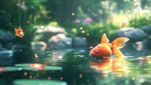 Orange goldfish swims in shallow pond with soft bokeh light
