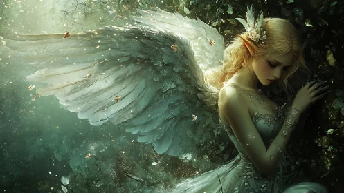Winged elf figure in ornate dress within forest light.