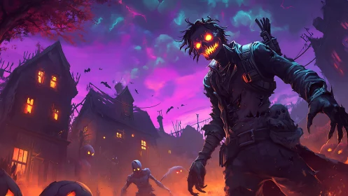 Armored pumpkin-headed revenant in burning haunted hamlet at dusk
