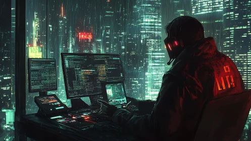 Night hacker quietly watches neon city lights through rain
