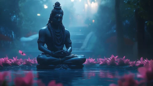 Stone meditation statue sits in lotus pose amid pink flowers