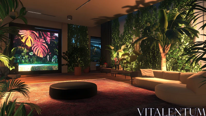 Sunlit biophilic living room with dense foliage wall and soft seating