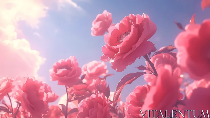 Pink Peonies Blooming Against Luminous Blue Sky