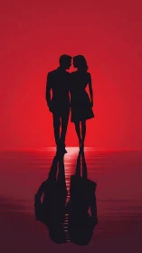 Silhouette Duality: Red Composition with Mirrored Figures.