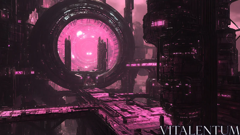 Futuristic ring structure in dense magenta industrial cityscape.