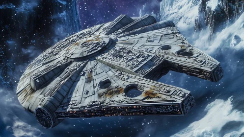 Spaceship hovers over icy cliffs in detailed digital render