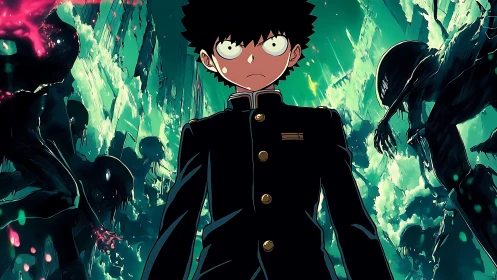 Stoic schoolboy amid luminous spirits in shattered void.