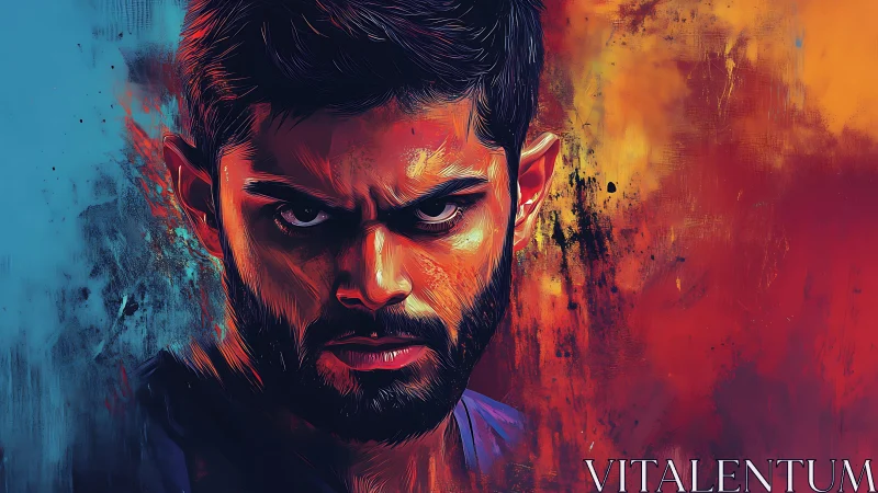 Intense digital portrait of focused bearded man in color.