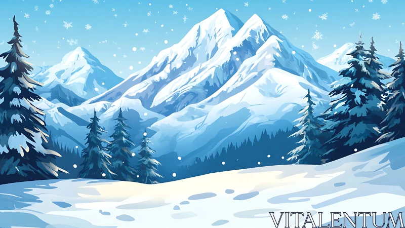 Snow-covered conifer trees stand before distant mountain peaks