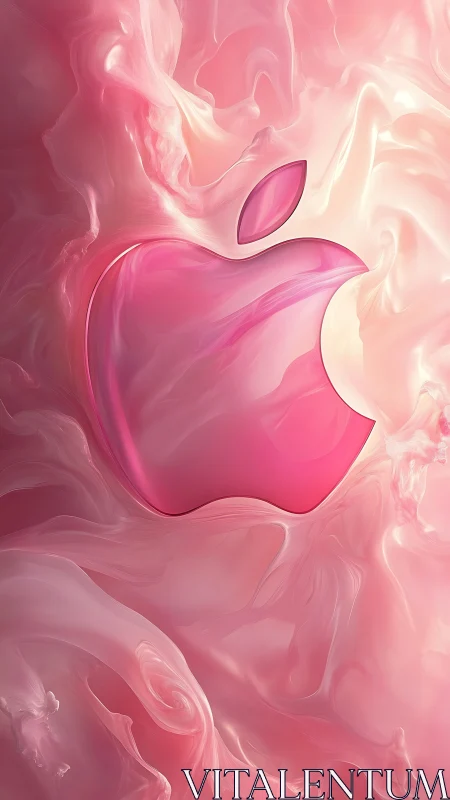 Pink glass apple emblem over swirling satin backdrop.
