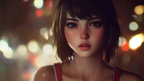 Young woman portrait in soft bokeh night city lights.