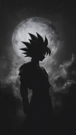 Anime warrior silhouette aligned with luminous full moon.