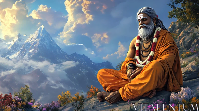 Elderly ascetic seated in orange robes before snowy peaks.