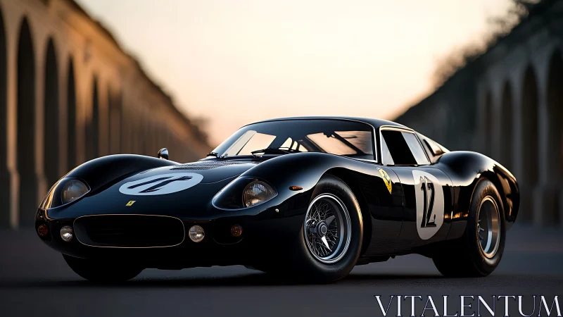 Black classic racing coupe on empty roadway at dusk.