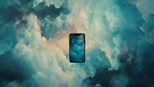 Smartphone floats in teal storm clouds of digital sky.