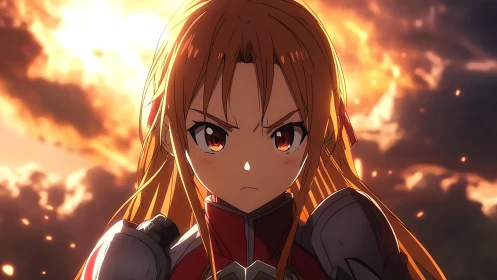 Fiery sunset warrior portrait with intense anime resolve.